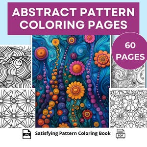 Puede incluir: Una colección de páginas para colorear con patrones abstractos que incluye 60 páginas en total. El conjunto presenta diseños de arte lineal en blanco y negro con motivos florales y de remolinos, junto a una ilustración central colorida de flores naranjas y rosas.