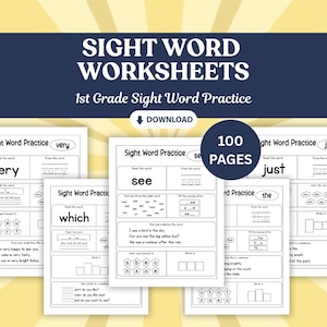 May include: A collection of 100 pages of sight word worksheets for 1st grade practice. The educational documents feature black text on white paper, including exercises to read, trace, circle, and write words like see, which, and the.