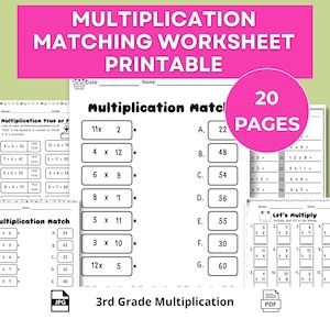 Multiplication Matching Worksheet Printable | 3rd Grade Multiplication Activity | Math Centers Game | 20 Page PDF | Fact Practice Sheets