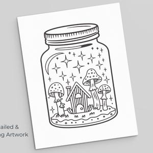 Mushroom terrarium coloring page with whimsical nature design and stars