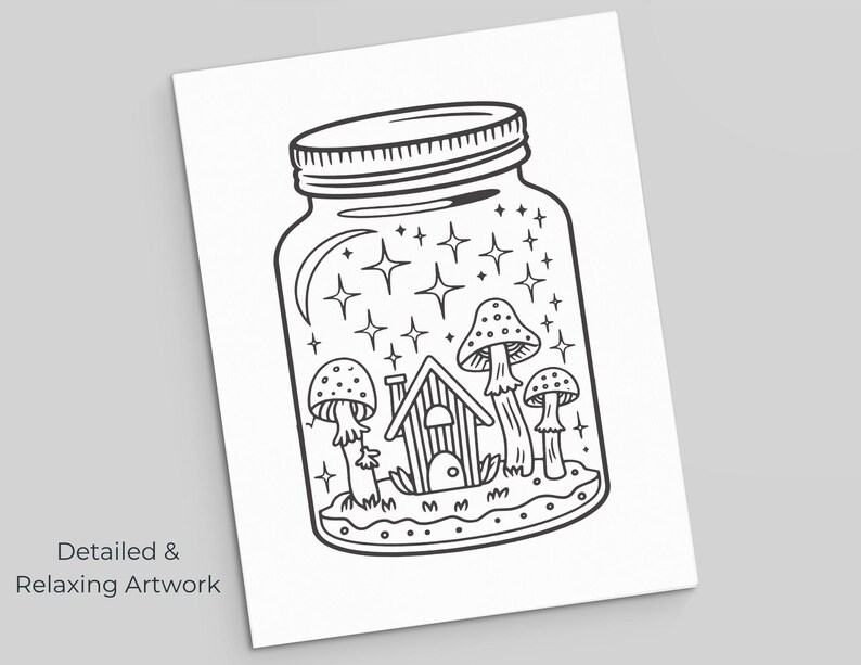 Mushroom terrarium coloring page with whimsical nature design and stars