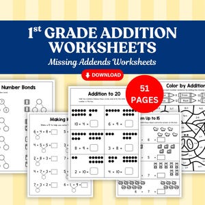 1st Grade Addition Worksheets | Missing Addends Math Practice, 51 Page Printable PDF