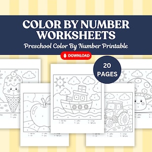 May include: A set of 20 printable color by number worksheets for preschool children. The pages feature black and white line art illustrations of an ice cream cone, an apple, a boat on water, a tractor, and a mushroom, each with numbered sections.