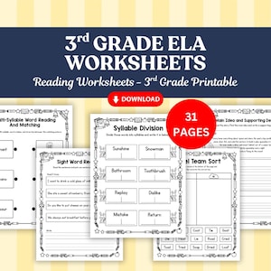 May include: A collection of 3rd grade ELA worksheets featuring reading and language arts exercises. The pages include activities like syllable division, word matching, and team sorting, with a red circle indicating 31 pages total.