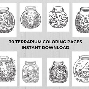 Multiple terrarium jar illustrations showcasing variety of plant and nature themed coloring designs