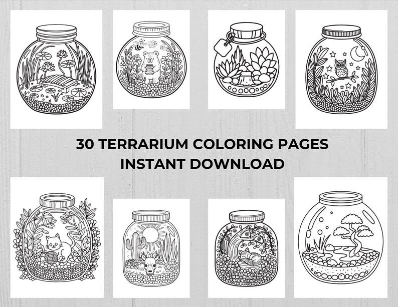 Multiple terrarium jar illustrations showcasing variety of plant and nature themed coloring designs