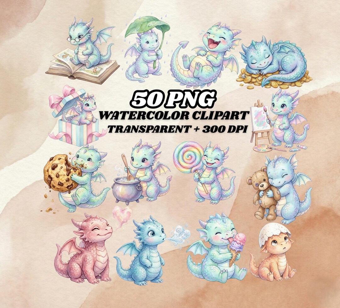 Watercolor Baby Dragon Clipart Set, Pastel Nursery PNG (digital ...