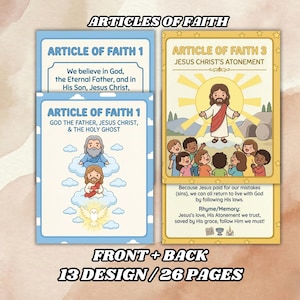 Könnte beinhalten: Zwei illustrierte Karten mit dem Text "Glaubensartikel" oben. Eine Karte zeigt Illustrationen von Gott, Jesus und dem Heiligen Geist. Die andere Karte zeigt Jesus mit Kindern. Text auf den Karten enthält "Artikel 1" und "Artikel 3".
