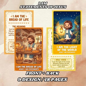 May include: A set of illustrated cards with the text "I AM STATEMENTS OF JESUS". The cards feature images of Jesus and related Bible verses. The cards are yellow and white with text that reads "I AM THE BREAD OF LIFE" and "I AM THE LIGHT OF THE WORLD".