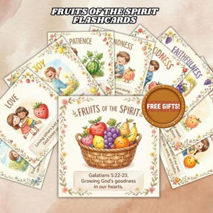 May include: A collection of illustrated flashcards with the text "Fruits of the Spirit" and various virtues like "Love", "Joy", and "Patience". The central card features a basket of smiling fruits. The words "Free Gifts!" are also visible.