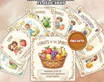 Fruits of the Spirit-flashcards, bijbelgeheugenkaarten, christelijke kinderactiviteit (digitale download)