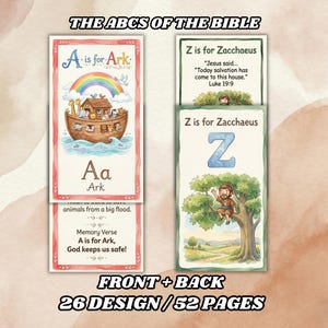 Op de afbeelding: Educatieve flashcards met illustraties van het alfabet uit de Bijbel. De kaarten tonen de letters "A" voor Ark en "Z" voor Zacheüs, met bijbehorende afbeeldingen en tekst. De kaarten zijn ontworpen met een voor- en achterkant, met 26 ontwerpen over 52 pagina's.
