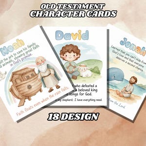 Op de afbeelding: Drie geïllustreerde kaarten met personages uit het Oude Testament: Noach, David en Jona. Elke kaart heeft een personagenaam, een korte beschrijving en bijbehorende afbeeldingen. De kaarten zijn ontworpen in een aquarel stijl en bevatten de tekst "Old Testament Character Cards" en "18 DESIGN".