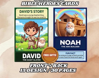Puede incluir: Tarjetas imprimibles de Héroes de la Biblia con ilustraciones de David y Noé. La tarjeta de David muestra a un joven pastor con una honda y una oveja. La tarjeta de Noé representa el arca de Noé con animales y un arcoíris. Las tarjetas están etiquetadas "Front + Back" con "15 Design / 30 Páginas".