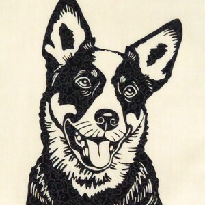 May include: Black and white illustration of a dog's head with a patterned background. The dog has a black nose, black eyes, and a white tongue sticking out.