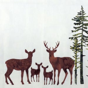 May include: Silhouette of a family of deer with a buck, doe, and two fawns standing in front of a forest of green trees.