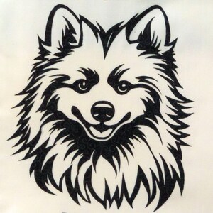 May include: Black and white illustration of a fluffy dog with a happy expression. The dog's fur is stylized with a series of lines and curves.