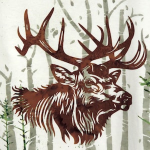 May include: A brown silhouette of an elk's head with antlers against a white background with a green and white pattern.
