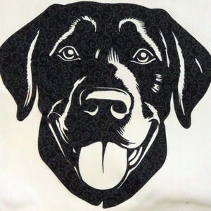 May include: Black and white silhouette of a Labrador Retriever dog with a swirl pattern. The dog is looking directly at the viewer with its tongue sticking out.