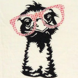 May include: A black and white graphic of an animal wearing pink-rimmed glasses with a red floral pattern. The animal has a shaggy appearance and is set against a white background.