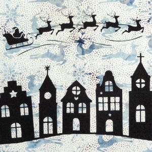 May include: A festive Christmas-themed design featuring a silhouette of a town with buildings and a Christmas tree. Santa Claus in his sleigh pulled by reindeer flies above the town. The background has a pattern of snowflakes and reindeer.