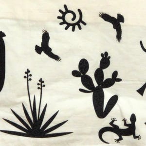 May include: Black and white silhouette design featuring a cactus, a bird, a sun, a plant, a lizard, and a Native American flute player.