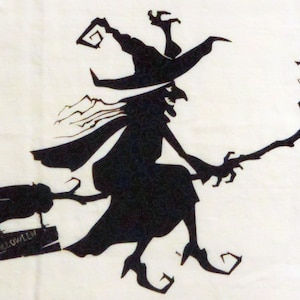 May include: Black silhouette of a witch flying on a broomstick with a pointed hat and a long flowing cape. The witch is holding a broom with one hand and a cauldron with the other. The word "Halloween" is written on the broomstick.