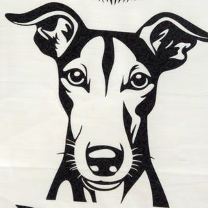 May include: Black and white illustration of a Greyhound dog's head.