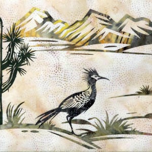 May include: A desert-themed artwork featuring a roadrunner bird, a cactus, and mountains. The roadrunner is black and white, standing in front of desert plants. The background has a dotted pattern.