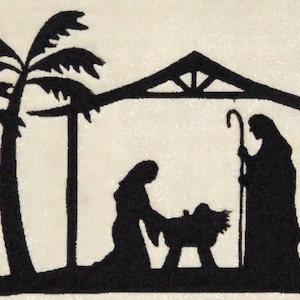 May include: Black silhouette of a nativity scene with Mary, Joseph, and the baby Jesus in a manger. Two palm trees are in the background.