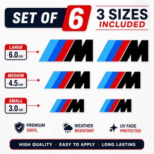 Op de afbeelding: Een set van zes vinylstickers met het M-logo in blauw, rood en zwart. De set bevat drie maten: 6,0 cm, 4,5 cm en 3,0 cm. Tekst op de afbeelding bevat SET OF 6, 3 SIZES INCLUDED, PREMIUM VINYL, WEATHER RESISTANT en UV FADE PROTECTED.