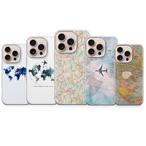 May include: Five phone cases with travel-themed designs. The cases feature world maps, passport stamps, and airplane graphics. Colors include blue, white, beige, and a vintage map style. The cases are designed for a smartphone.