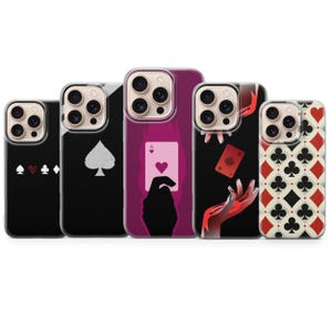 May include: A collection of five phone cases with playing card designs. The cases feature suits like hearts, spades, clubs, and diamonds, along with images of hands and cards. The color palette includes black, red, and white.