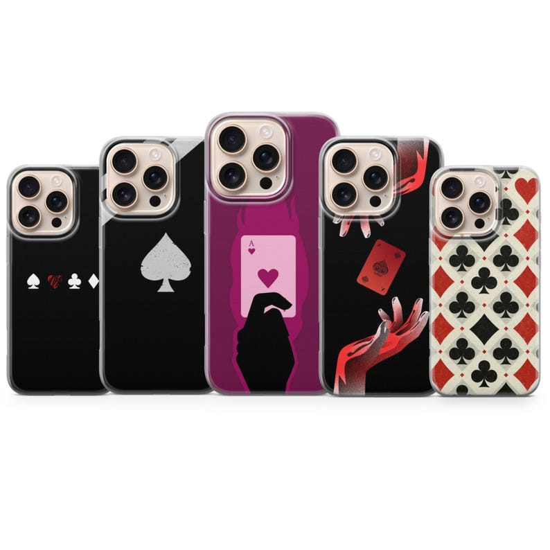 May include: A collection of five phone cases with playing card designs. The cases feature suits like hearts, spades, clubs, and diamonds, along with images of hands and cards. The color palette includes black, red, and white.