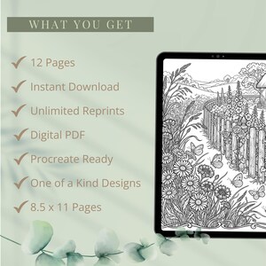 Op de afbeelding: Digitaal kleurboek weergegeven op een tablet, met een gedetailleerde zwart-wit tuinsc&egrave;ne met bloemen, vlinders en een hek. Tekst aan de linkerkant geeft kenmerken weer: 12 pagina's, direct downloaden, digitale PDF, etc. De pagina's zijn 21,6 x 27,9 cm.
