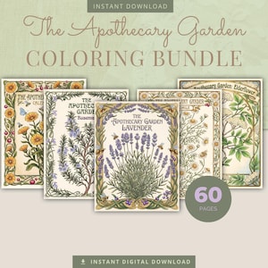 Peut inclure: Un ensemble de pages à colorier intitulé "The Apothecary Garden Coloring Bundle". Les couvertures présentent des illustrations botaniques d'herbes et de fleurs, dont la lavande, le romarin et la camomille, avec des bordures décoratives. Le lot comprend 60 pages.