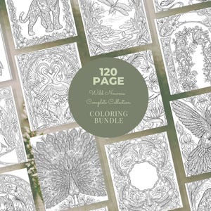 Peut inclure: Plusieurs pages &agrave; colorier en noir et blanc avec des illustrations d&eacute;taill&eacute;es d'animaux, de fleurs et de motifs Art Nouveau. L'image centrale indique "120 Page Wild Nouveau Complete Collection Coloring Bundle."