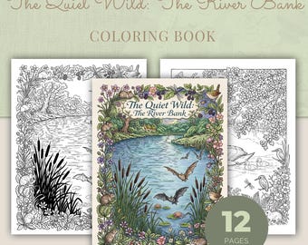 River Wildlife Coloring Book, 12 Cottagecore Nature Printable Adult Coloring Pages PDF