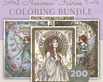 Fairy Coloring Book Bundle, 4 Books, 200 Art Nouveau Printable Adult Coloring Pages PDF