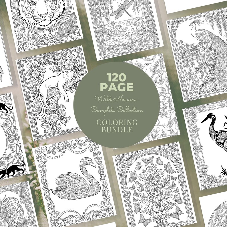 Peut inclure: Plusieurs pages de coloriage en noir et blanc avec des illustrations d&eacute;taill&eacute;es d'animaux, de fleurs et de sc&egrave;nes de la nature. Les pages font partie d'un ensemble de coloriage de 120 pages, avec un graphique circulaire central indiquant "120 Page Wild Nouveau Complete Collection Coloring Bundle."