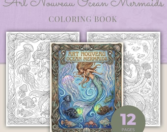 Ocean Mermaid Coloring Book, 12 Art Nouveau Printable Adult Coloring Pages PDF