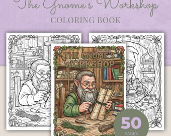 Gnome Workshop Coloring Book, 50 Cottagecore Tinkering Printable Adult Coloring Pages PDF