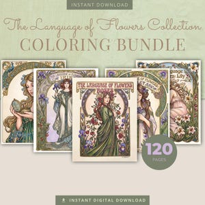 Peut inclure: Un ensemble de coloriage numérique intitulé "The Language of Flowers Collection", avec des illustrations de femmes et de fleurs. Le lot comprend 120 pages et est disponible en téléchargement immédiat. L'œuvre est de style art nouveau.
