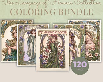 Language of Flowers Coloring Book Bundle, 10 Books, 120 Art Nouveau Printable Adult Coloring Pages PDF