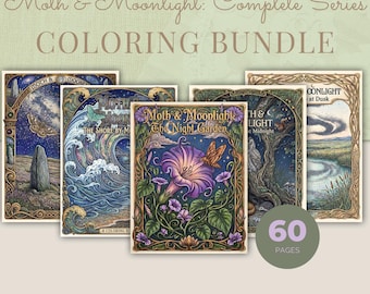 Paquete de libros para colorear "Moth & Moonlight", 5 libros, 60 páginas para colorear nocturnas de estilo Art Nouveau para adultos (PDF).