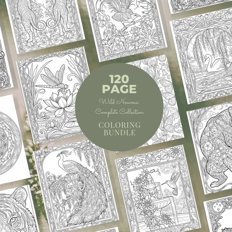 Peut inclure: Ensemble de pages &agrave; colorier en noir et blanc avec des illustrations d&eacute;taill&eacute;es d'animaux, de fleurs et de sc&egrave;nes naturelles. Les pages font partie du "Wild Nouveau Complete Collection Coloring Bundle" de 120 pages.