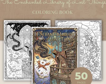 Enchanted Library Coloring Book, 50 Intricate Fantasy Printable Adult Coloring Pages PDF