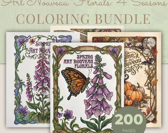 Floral Coloring Book Bundle, 4 Books 200 Art Nouveau Four Seasons Printable Adult Coloring Pages PDF