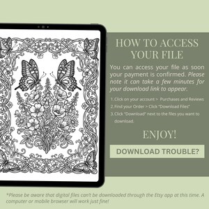 Op de afbeelding: Een digitale download weergegeven op een tablet, met een zwart-wit bloemen- en vlinderontwerp. De afbeelding bevat instructies over hoe toegang te krijgen tot het bestand en een opmerking over het downloaden. Het ontwerp is geschikt voor kleur- of digitale kunstprojecten.