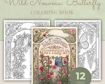 Kleurboek vlinder, 12 art nouveau afdrukbare pdf-kleurplaten voor volwassenen